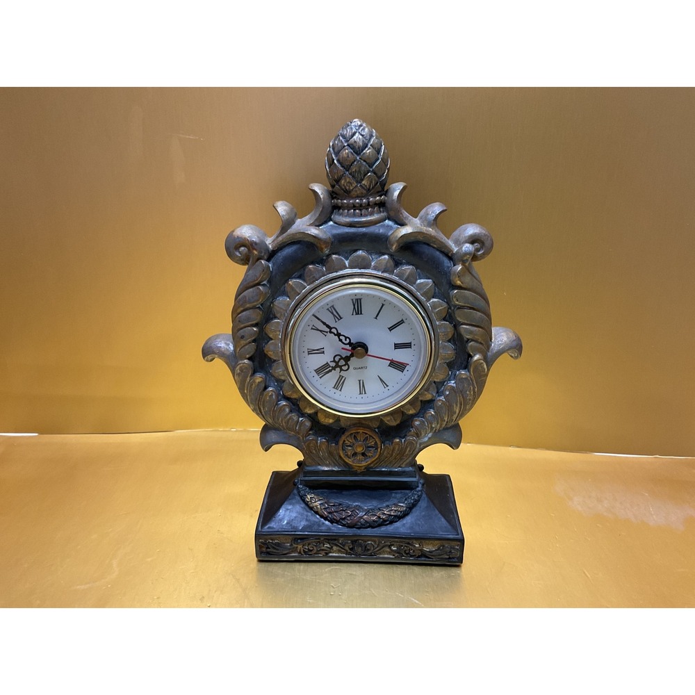 Vintage Style Ornate Mantel Clock Pineapple Finial Bronze Black Quartz Movement